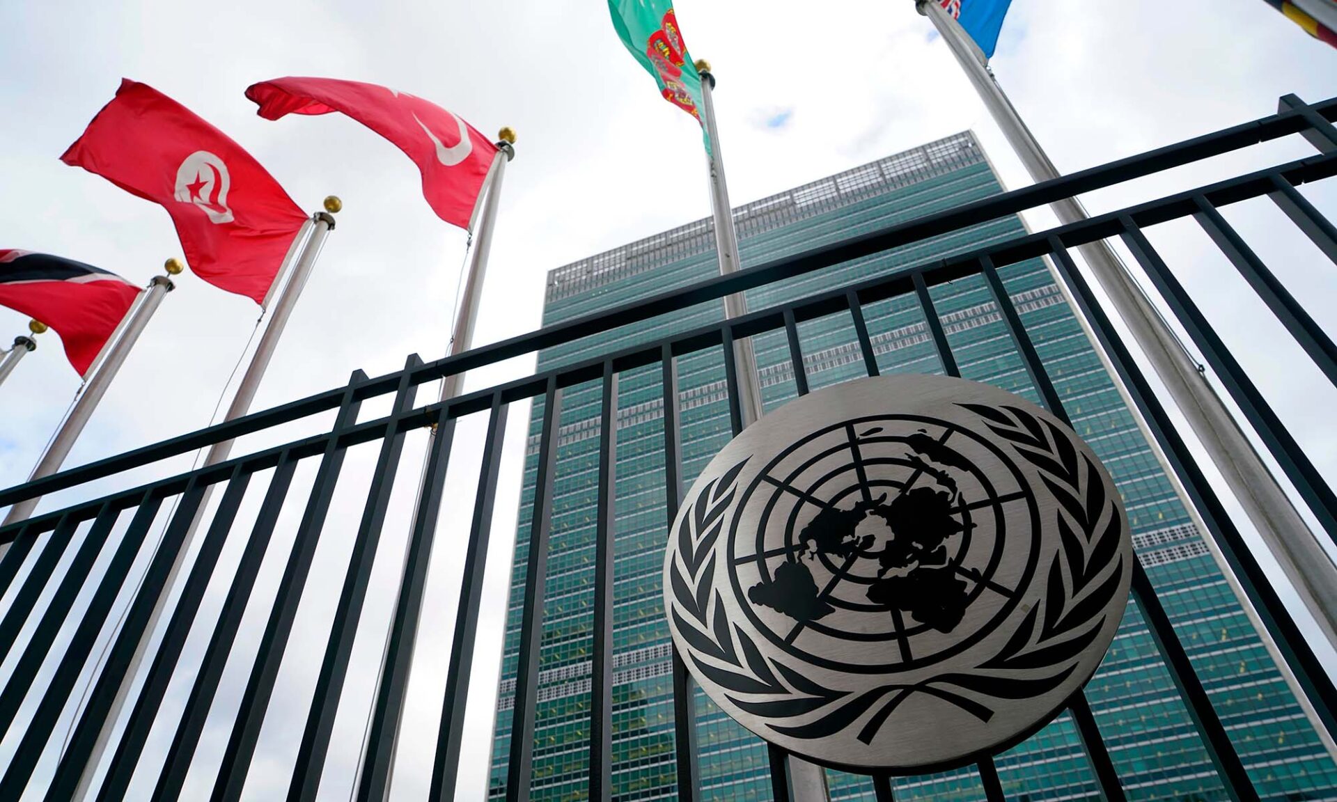 Emblem of United Nations with UN member country flags and Secretariat Building in the background.