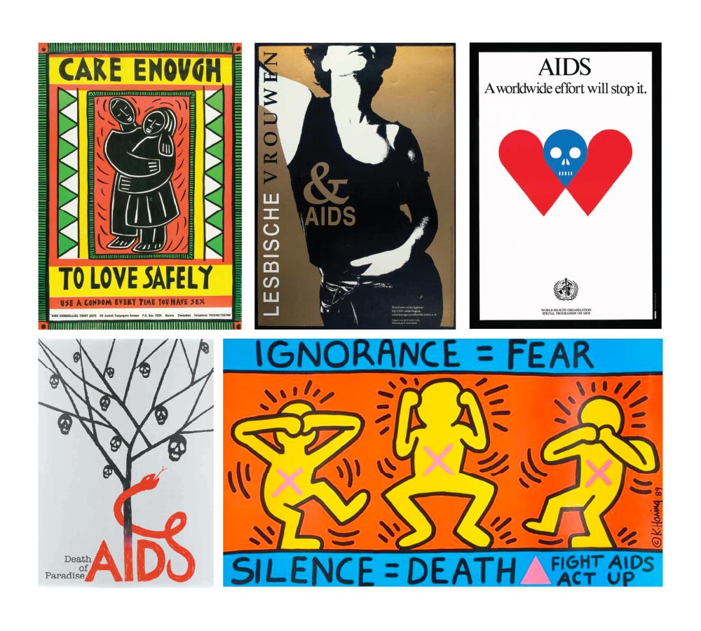 A collage of posters featuring the words care, ignorance, fear, and AIDS in bold, impactful typography.