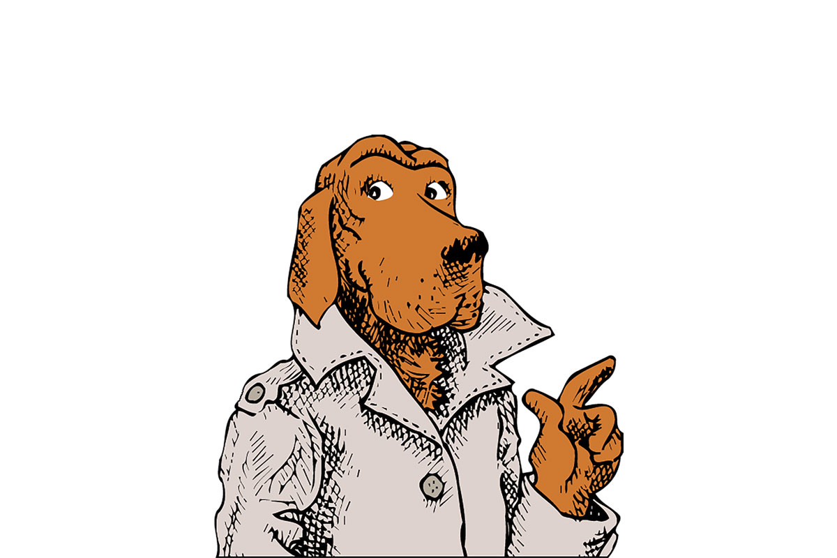 A cartoon dog, McGruff, wearing a trench coat and pointing, symbolizes crime prevention, created by Jack Keil in 1980.