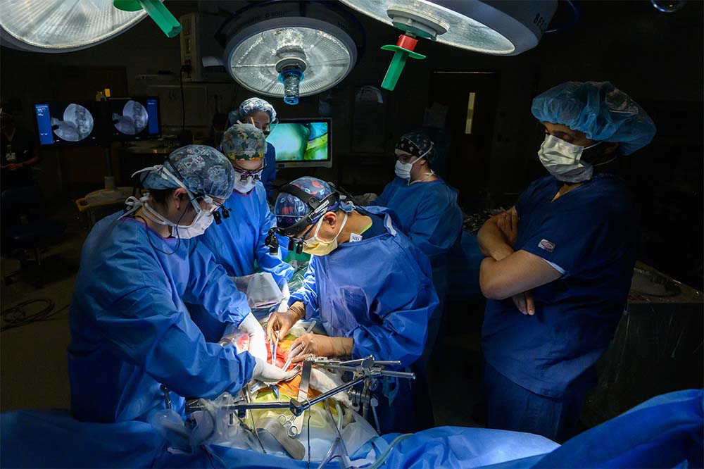 A team of surgeons in scrubs collaborates in a brightly lit operating room during a surgical procedure.
