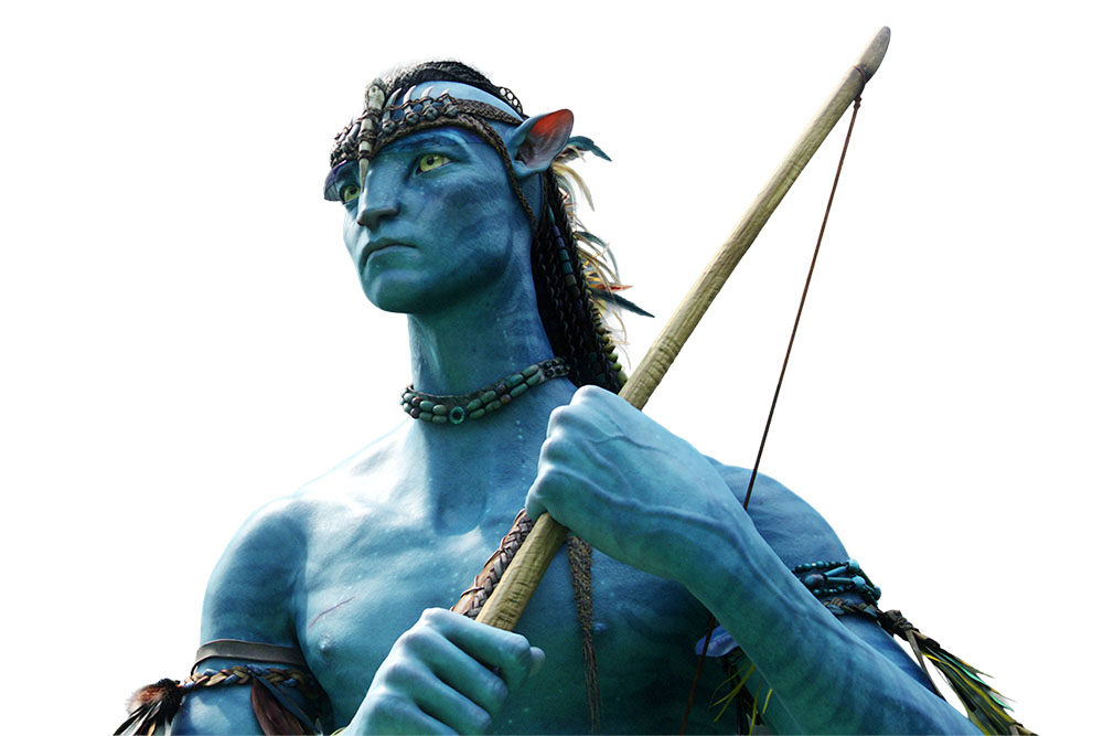 A tall blue humanoid figure with pointed ears and yellow eyes holds a wooden bow across their chest. They wear beaded jewelry and feathers, looking focused and alert.