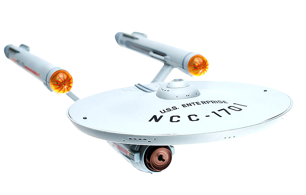Image of the Starship Enterprise (NCC-1701) from Star Trek, showcasing its iconic design against a starry background.