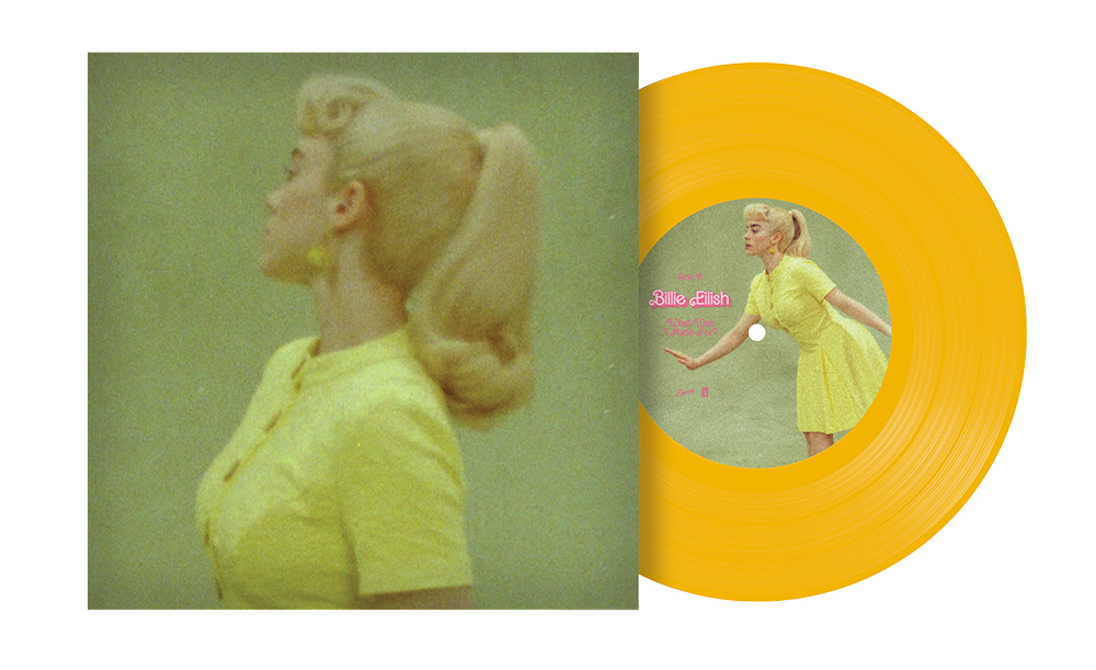 A yellow vinyl record featuring a woman in a flowing dress, set against a vibrant background.