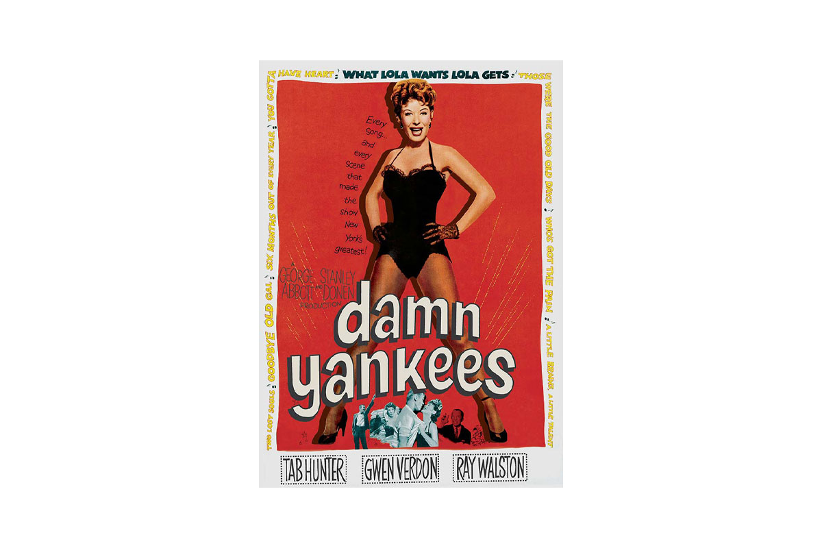 Movie poster for 'Damn Yankees,' featuring bold typography and imagery related to baseball and musical themes.