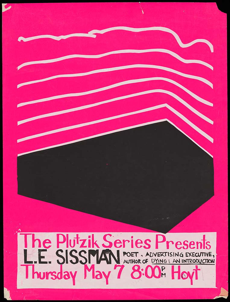 Bright pink poster with geometric elements advertising L.E. Sissman.
