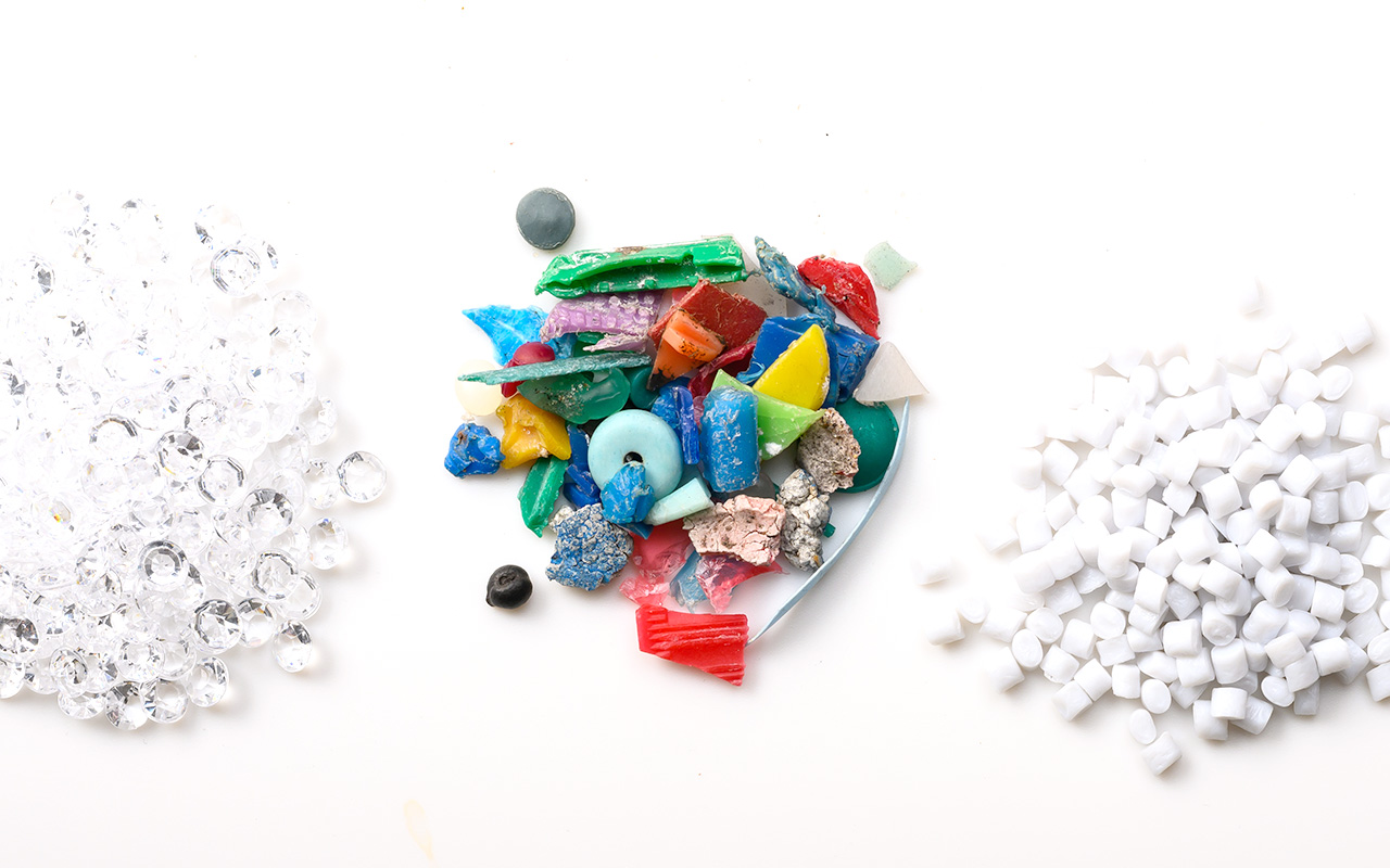 Pile of colorful plastic fragments collected from Lake Ontario for University of Rochester microplastics research.