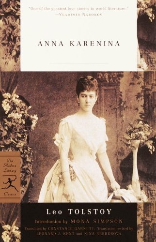Cover of Anna Karenina by Leo Tolstoy, with portrait of a woman in sepia tones.