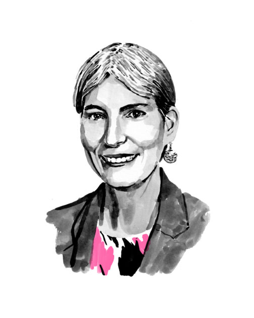 Illustrated portrait of Astrid Müller, shown smiling and wearing a jacket and patterned top.