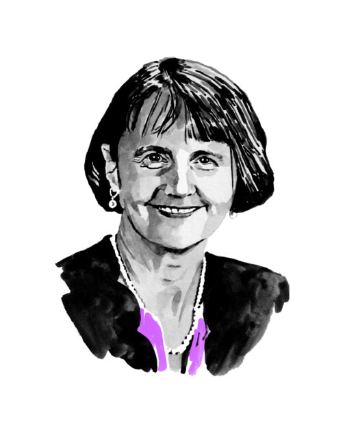 Illustrated portrait of Paige Lawrence, shown smiling and wearing a blazer and pearl necklace.