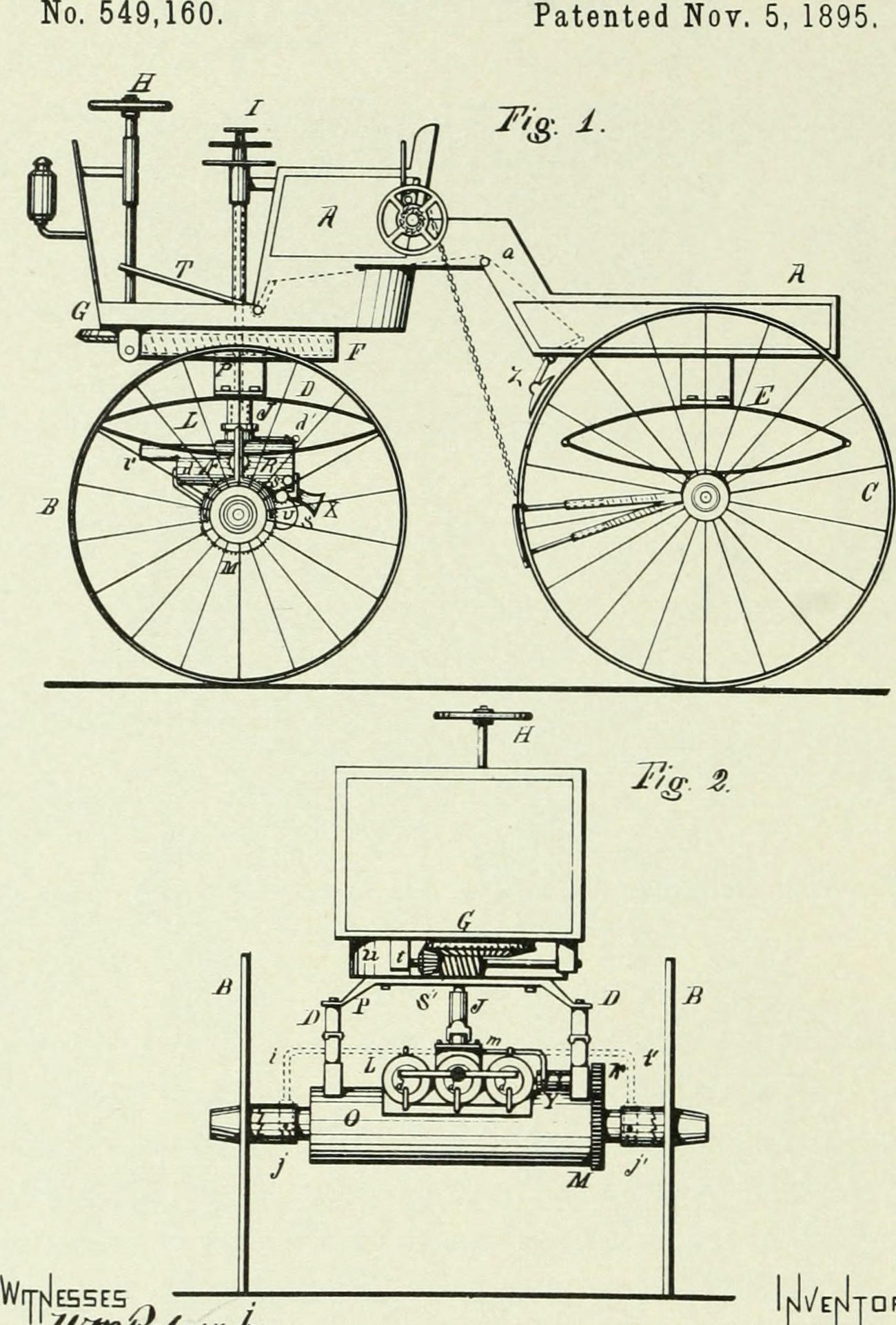 Patent drawing of George B. Selden’s 1895 “road engine,” one of the first U.S. automobile patents showing an early car design.