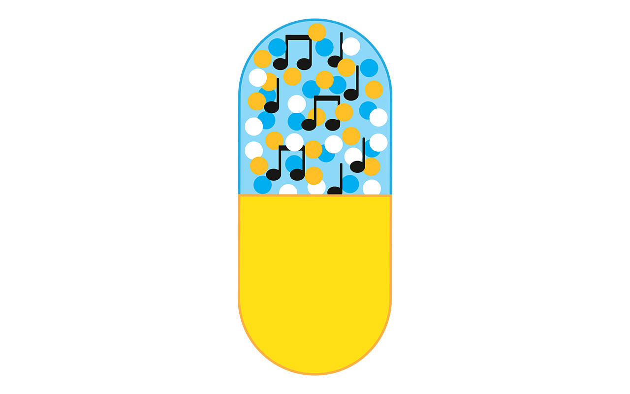 Illustration of a capsule filled with music notes symbolizing Eastman Performing Arts Medicine’s link between music and healing.