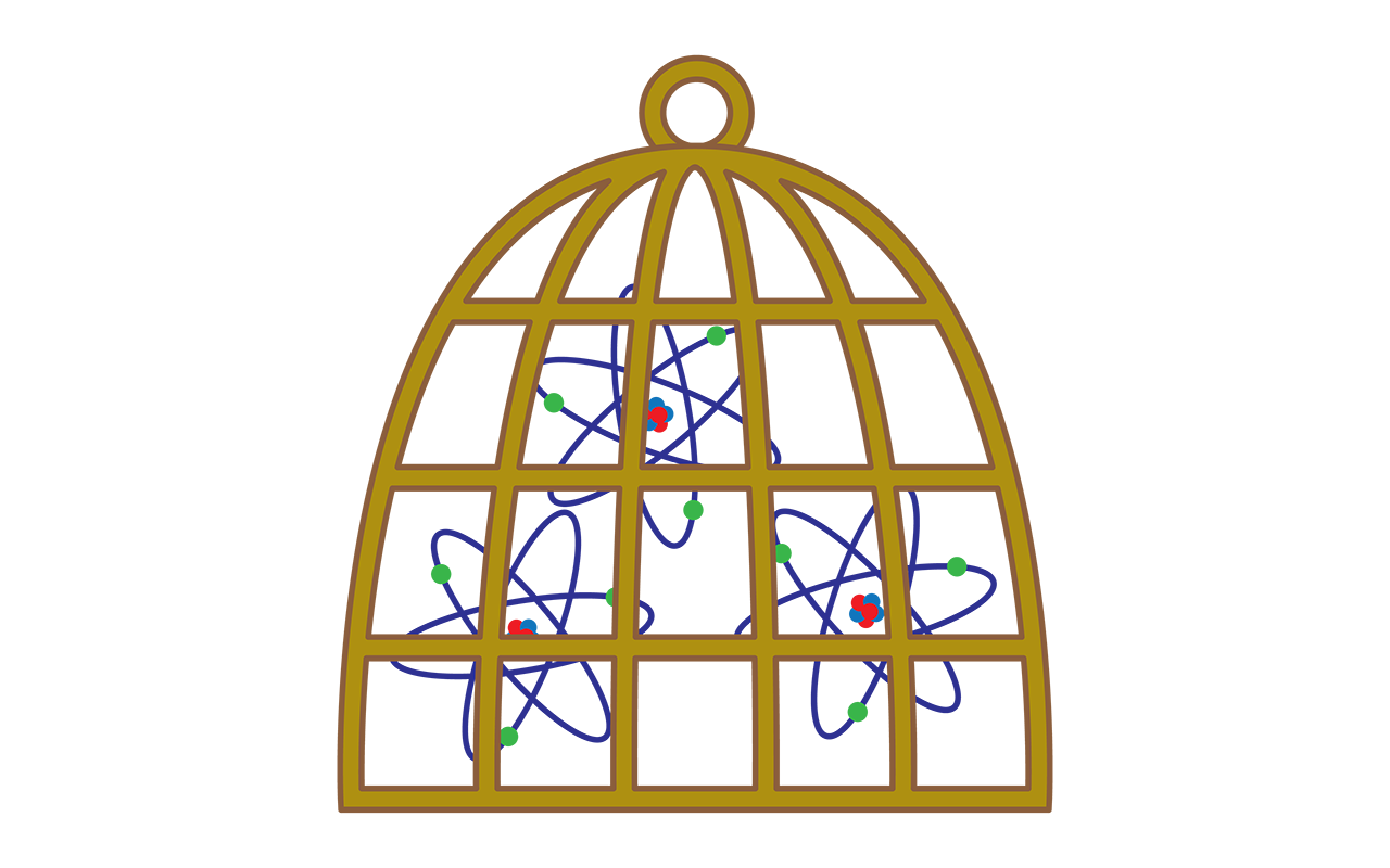 Atoms illustrated inside a cage, representing a technique to cool and trap atoms.