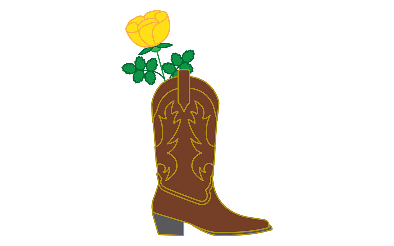 Cowboy boot with a yellow rose, representing the song “The Yellow Rose of Texas.”