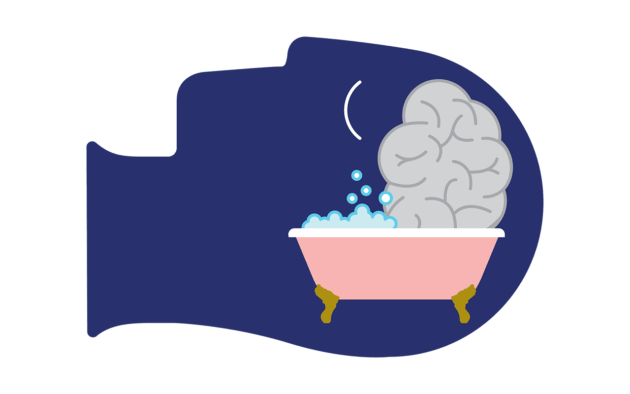 Illustration of a brain soaking in a bathtub, symbolizing the glymphatic system that cleans waste from the brain during sleep.