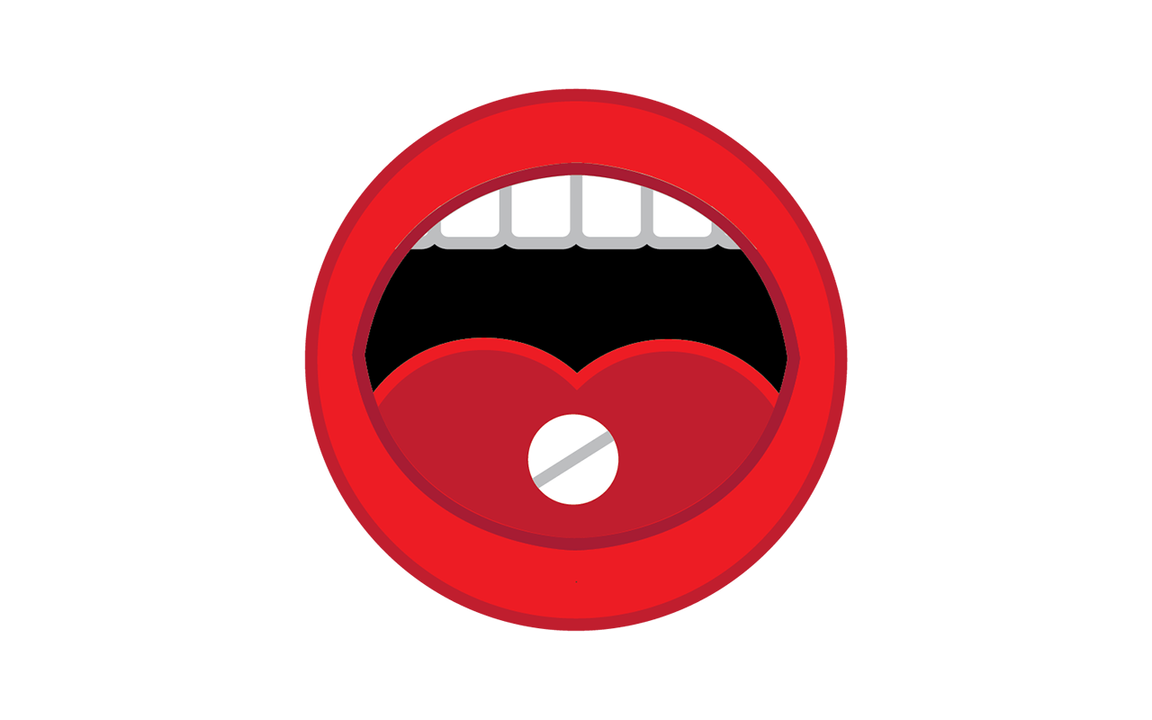 Illustration of an open mouth with a pill on the tongue, representing neurological medications.