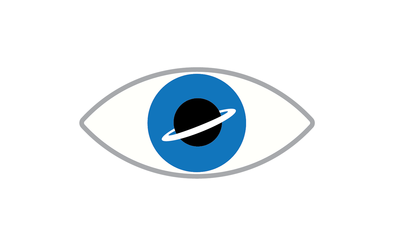 Stylized eye with Saturn-like planet for a pupil symbolizing adaptive optics.