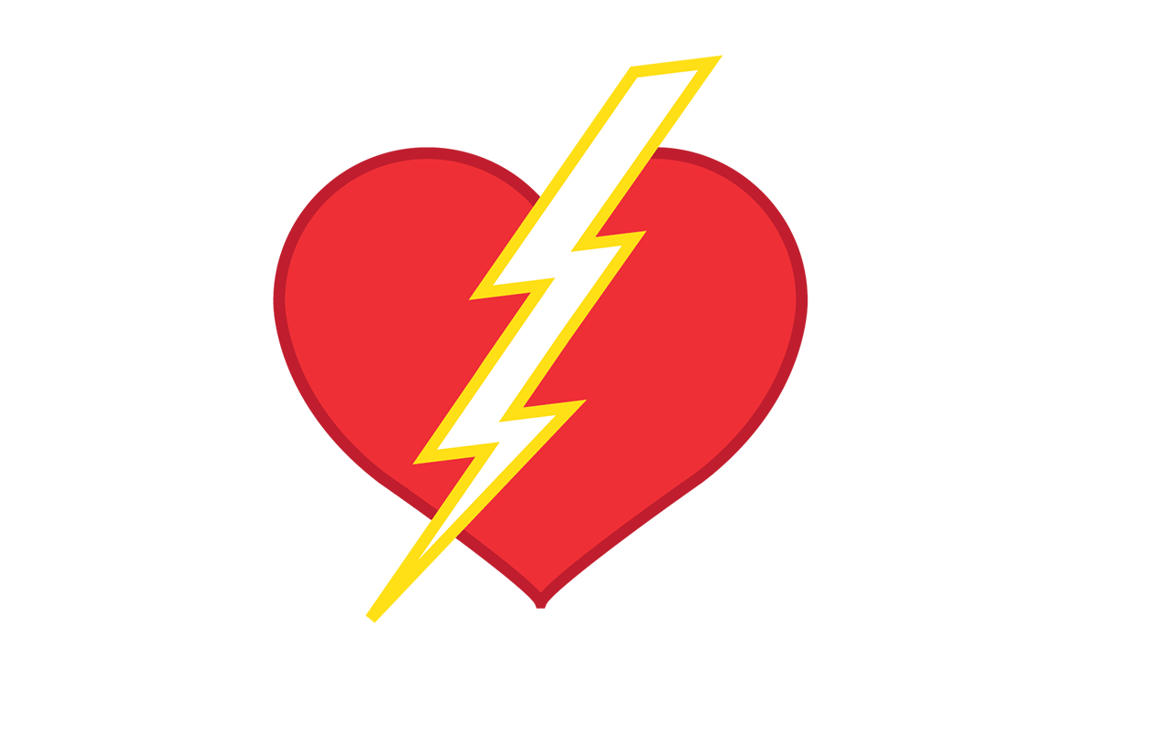 Red heart with yellow lightning bolt symbolizing implantable cardiac defibrillators.