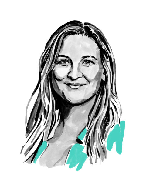 Illustrated portrait of Marissa Sobolewski, shown smiling with long hair and wearing a teal-accented jacket.