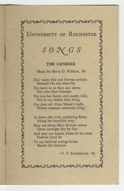 Vintage University of Rochester songbook page featuring “The Genesee,” with lyrics by T. T. Swinburne and music by Herve D. Wilkins.