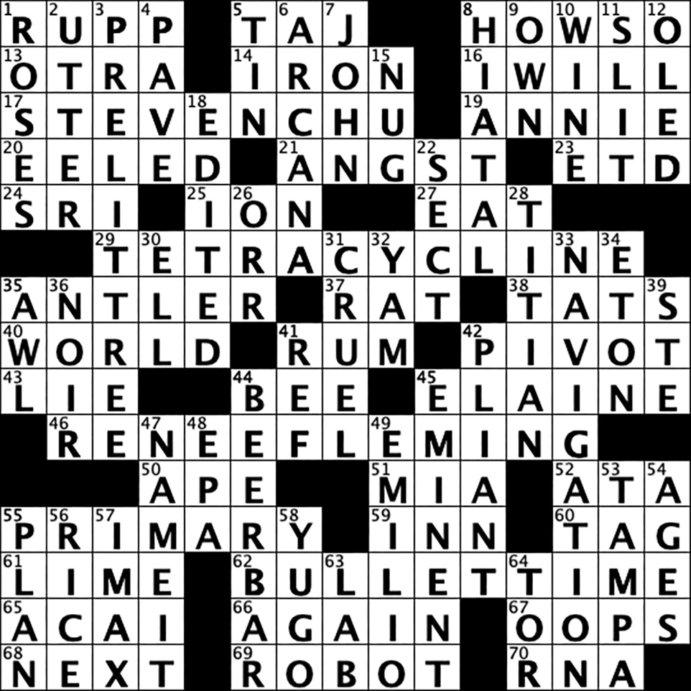 Crossword puzzle answer grid for the fall 2025 Rochester Review magazine's crossword puzzle. 