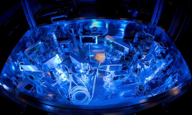 Inside a grating compressor chamber.