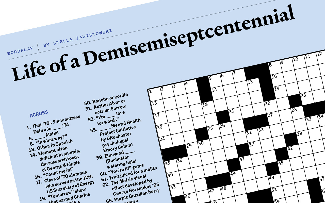 A close-up of a crossword puzzle titled “Life of a Demisemiseptcentennial,” showing clues and a partially blank grid on a pale blue page.