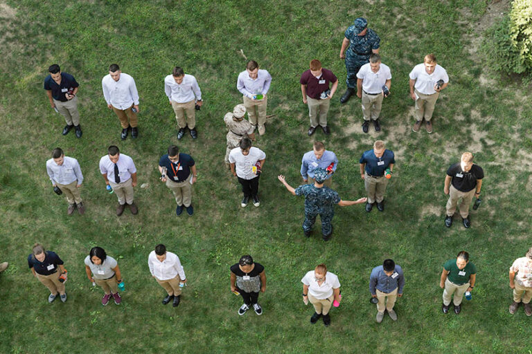 Aerial view of NROTC midshipmen at the University of Rochester.
