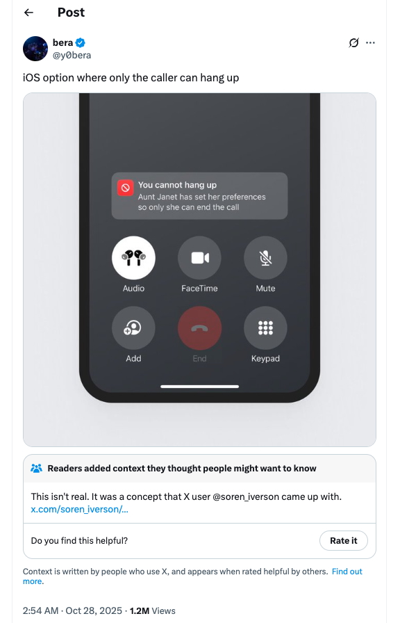 Screenshot of an X post showing an iOS option where only the caller can hang up. The post is appended with a Community Notes message that reads 