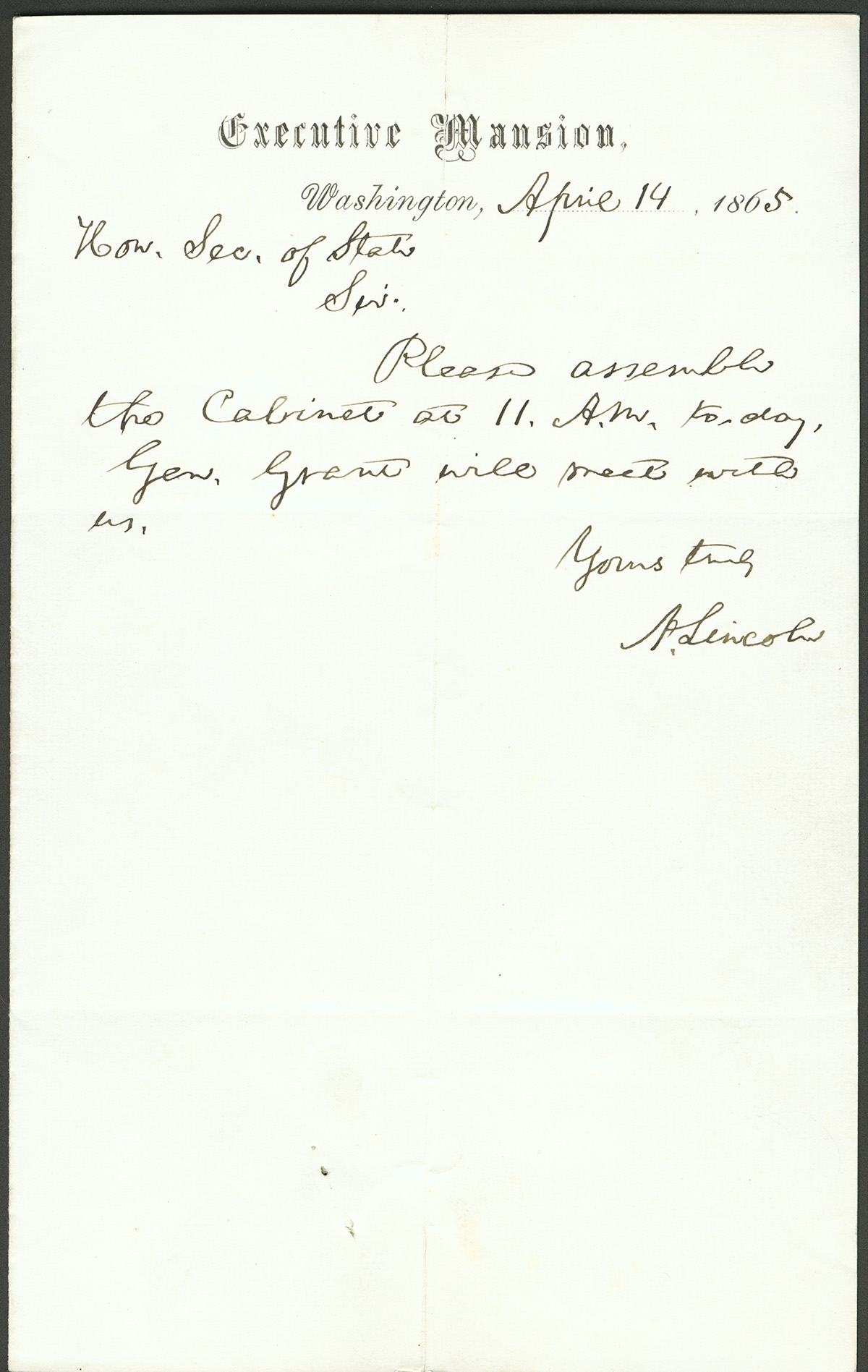 Handwritten letter by Abraham Lincoln dated April 14, 1865, requesting a Cabinet meeting with General Grant.