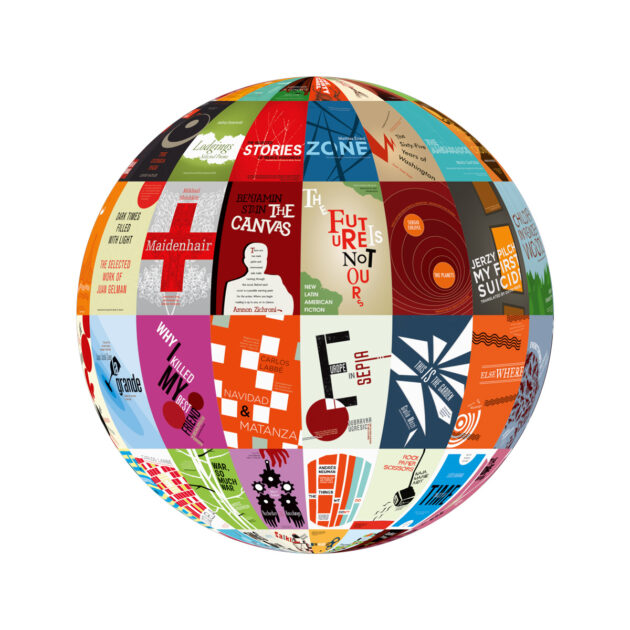 A globe surrounded by various types of books, symbolizing global knowledge and diverse literature.