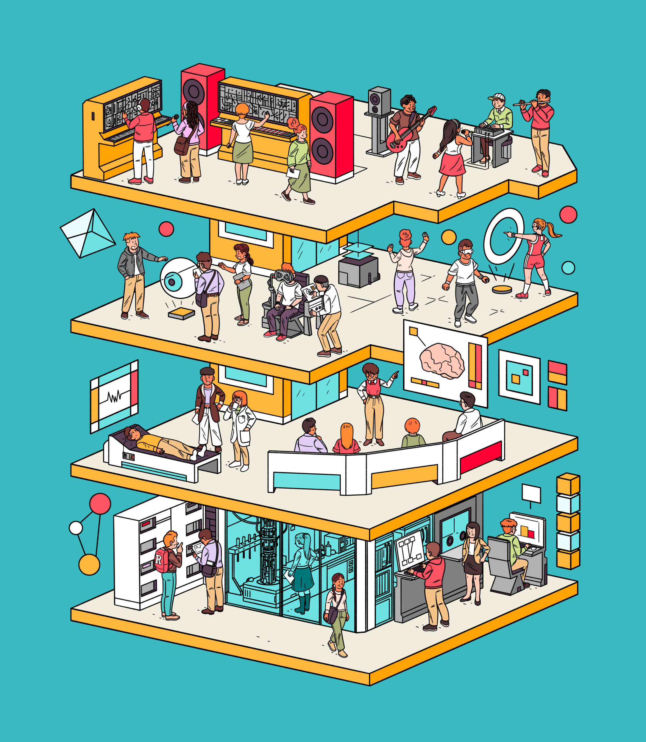 Colorful illustration of a four-story building showing people collaborating in labs, classrooms, studios, and fitness spaces.