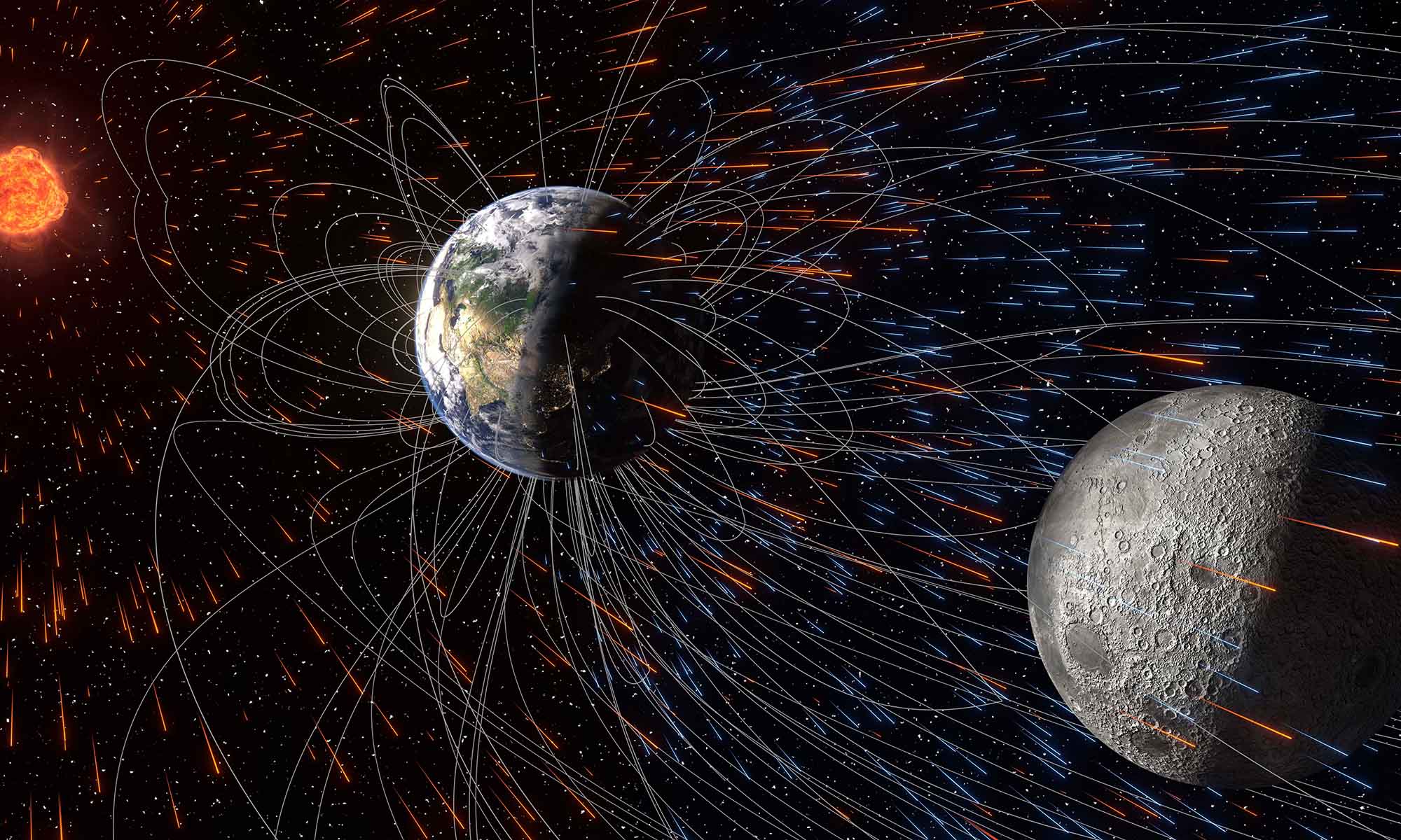 Illustration of Earth, the sun, and the moon, with atmospheric particles flying about them to illustrate how lunar soil ended up with particles from Earth.