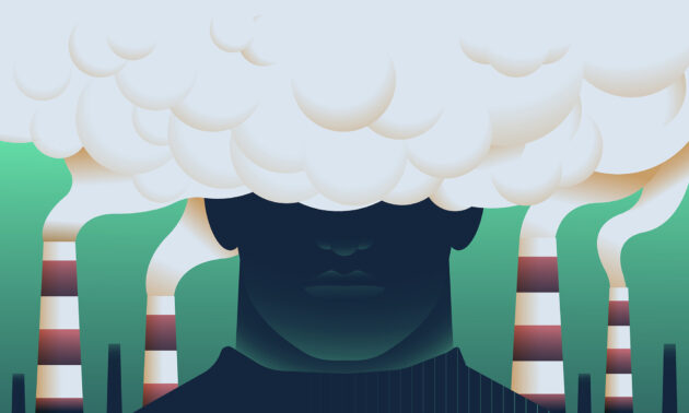 Illustration of a Human head covered by smoke from factory chimneys to illustrate how socially responsible investors may do more harm than good.
