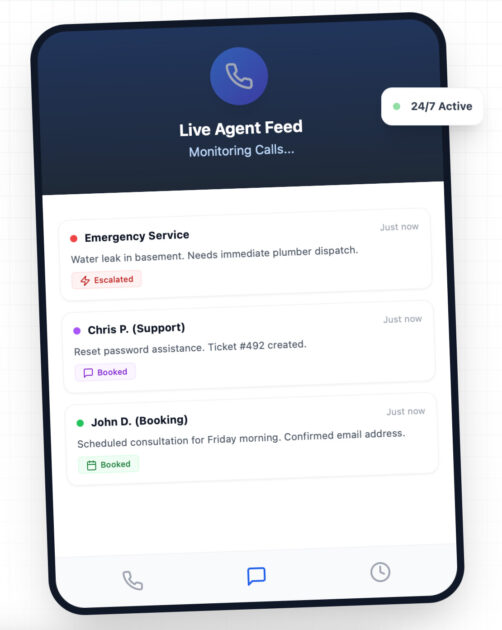 Screenshot of the OrbitPhone platform which looks like a tablet and shows various kinds of calls coming in and being triaged by the product's AI receptionist service.