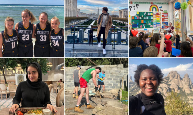 A collage of students abroad: athletes at the seaside, a traveler in a city square, a teacher with children, a woman dining, volunteers building, and a hiker in the mountains.