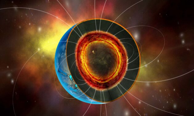 Illustration of a super-earth shown with cross-sections revealing the deep layer of molten rock known as the basal magma ocean that could produce magnetic fields for super-earths.