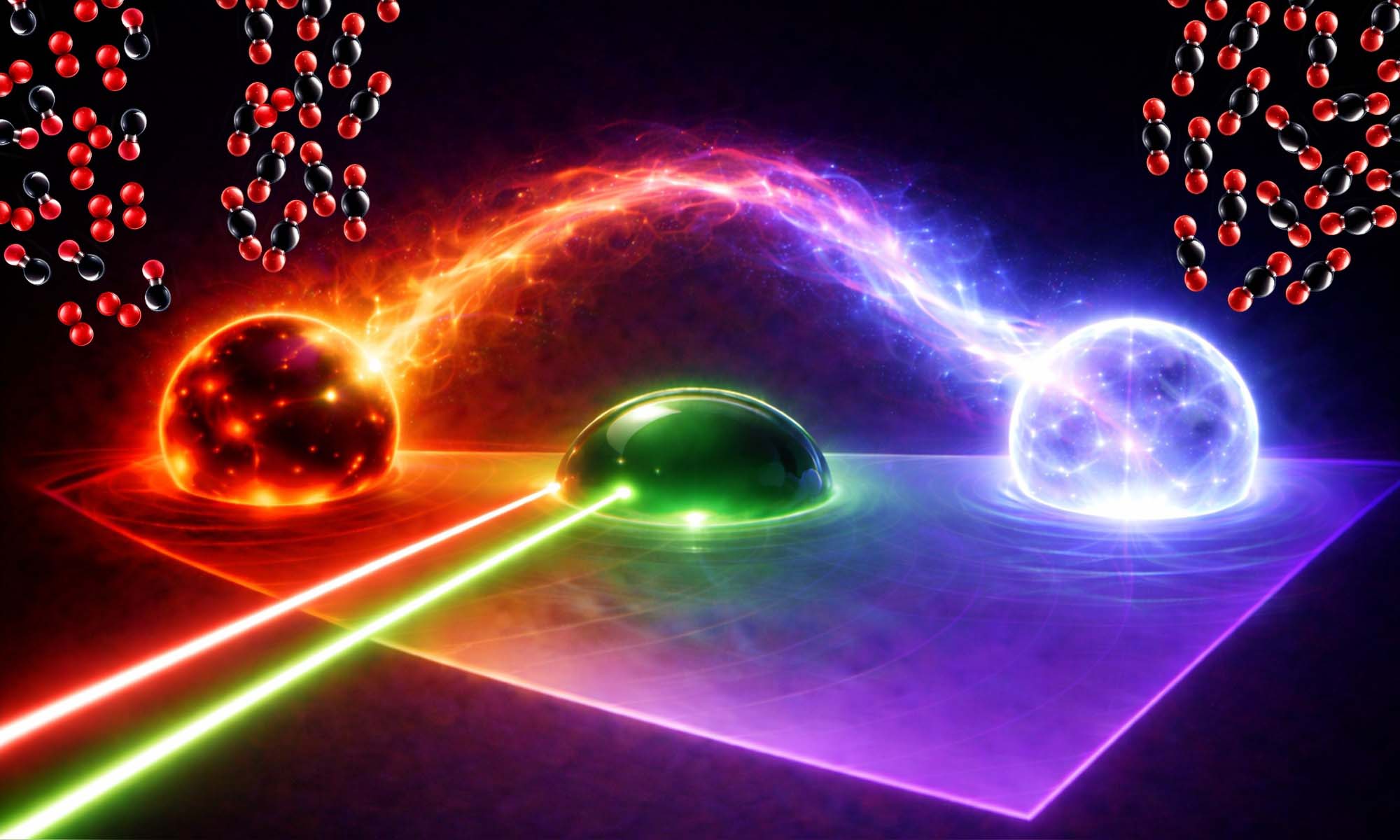 Illustration of heat being transferred from a particle undergoing an exothermic reaction (red) to a particle undergoing an endothermic reaction (blue).