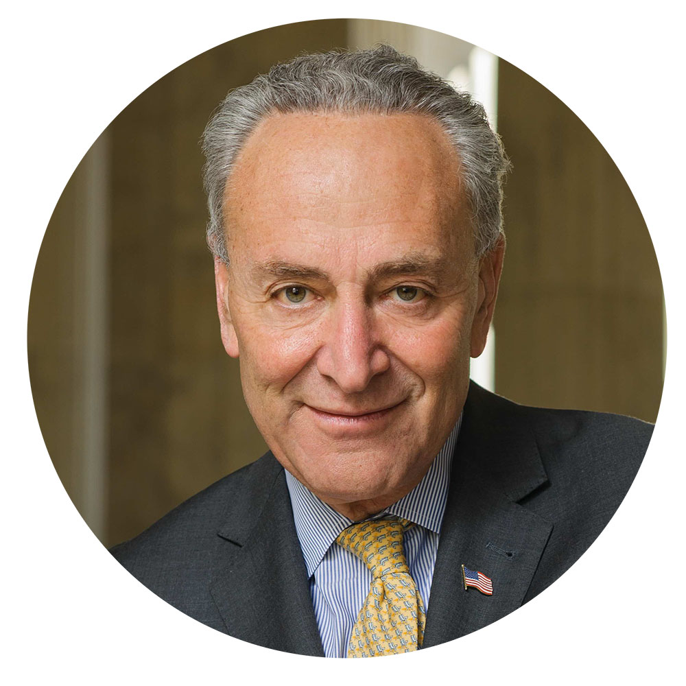 Circle cutout of a portrait of Chuck Schumer. 