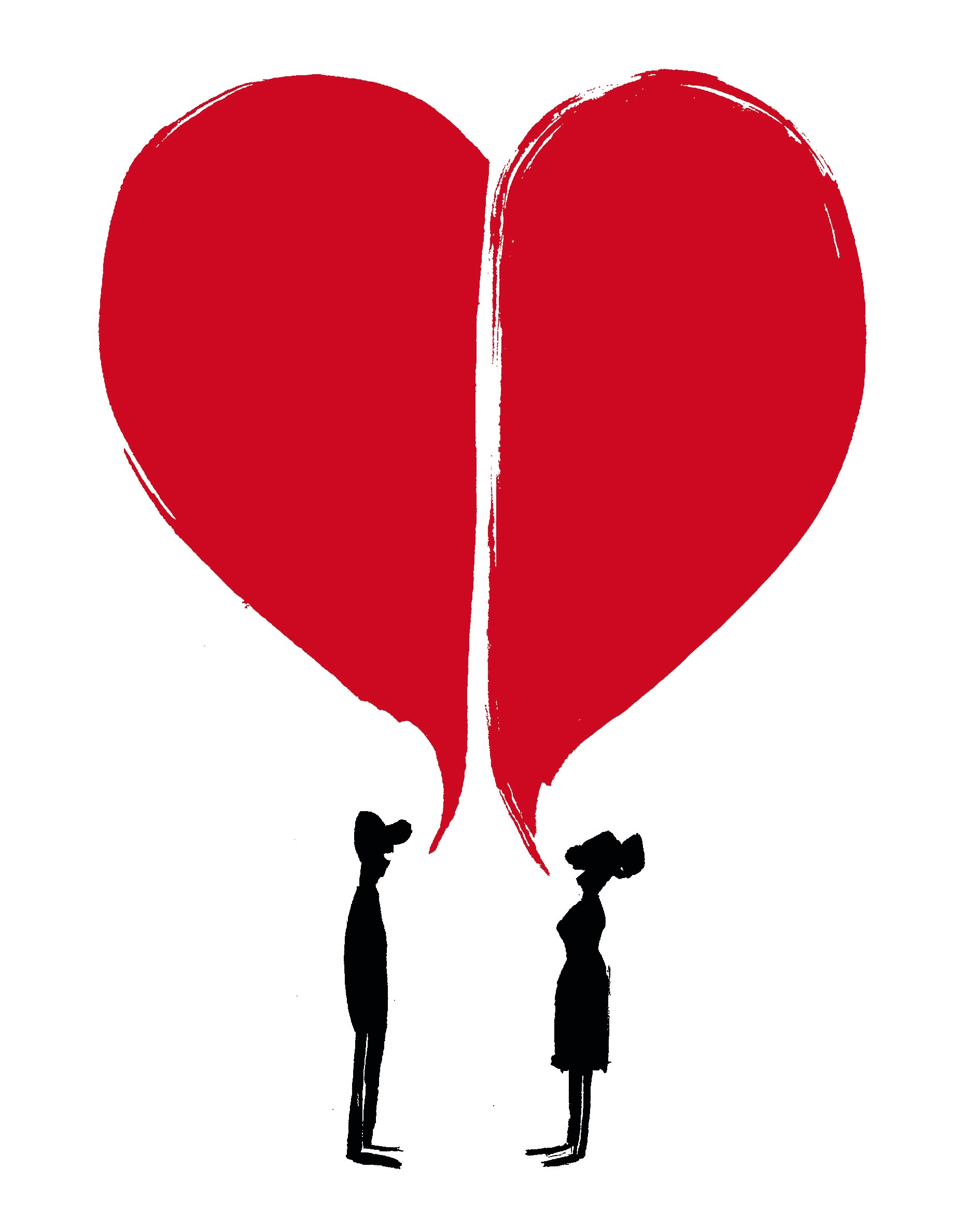 Nishant Choksi illustration of two people talking to each other, with half of a heart in lieu of each conversation bubble.