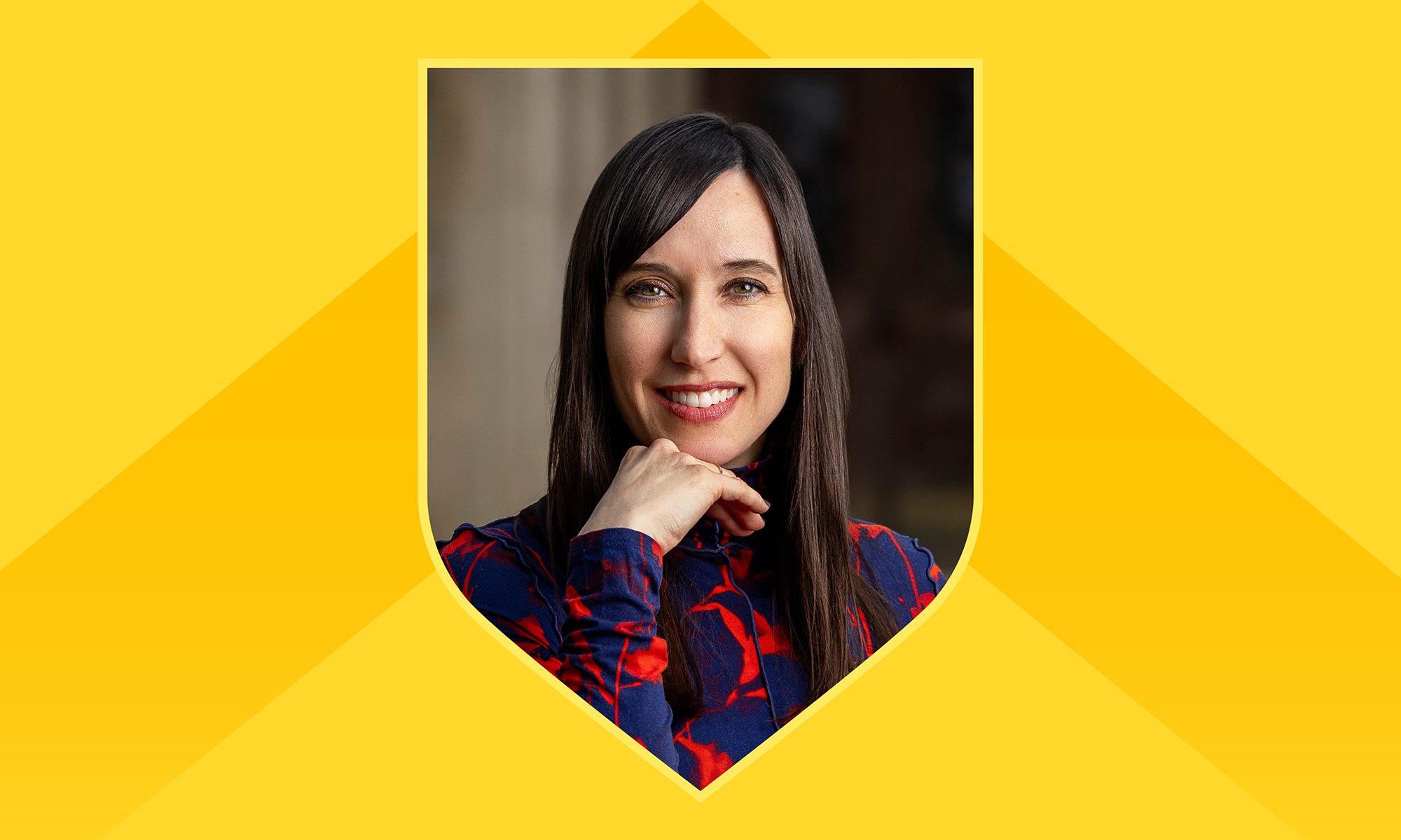Portrait of Sarah Jesse within a shield outline against a yellow background with a darker yellow chevron on it.