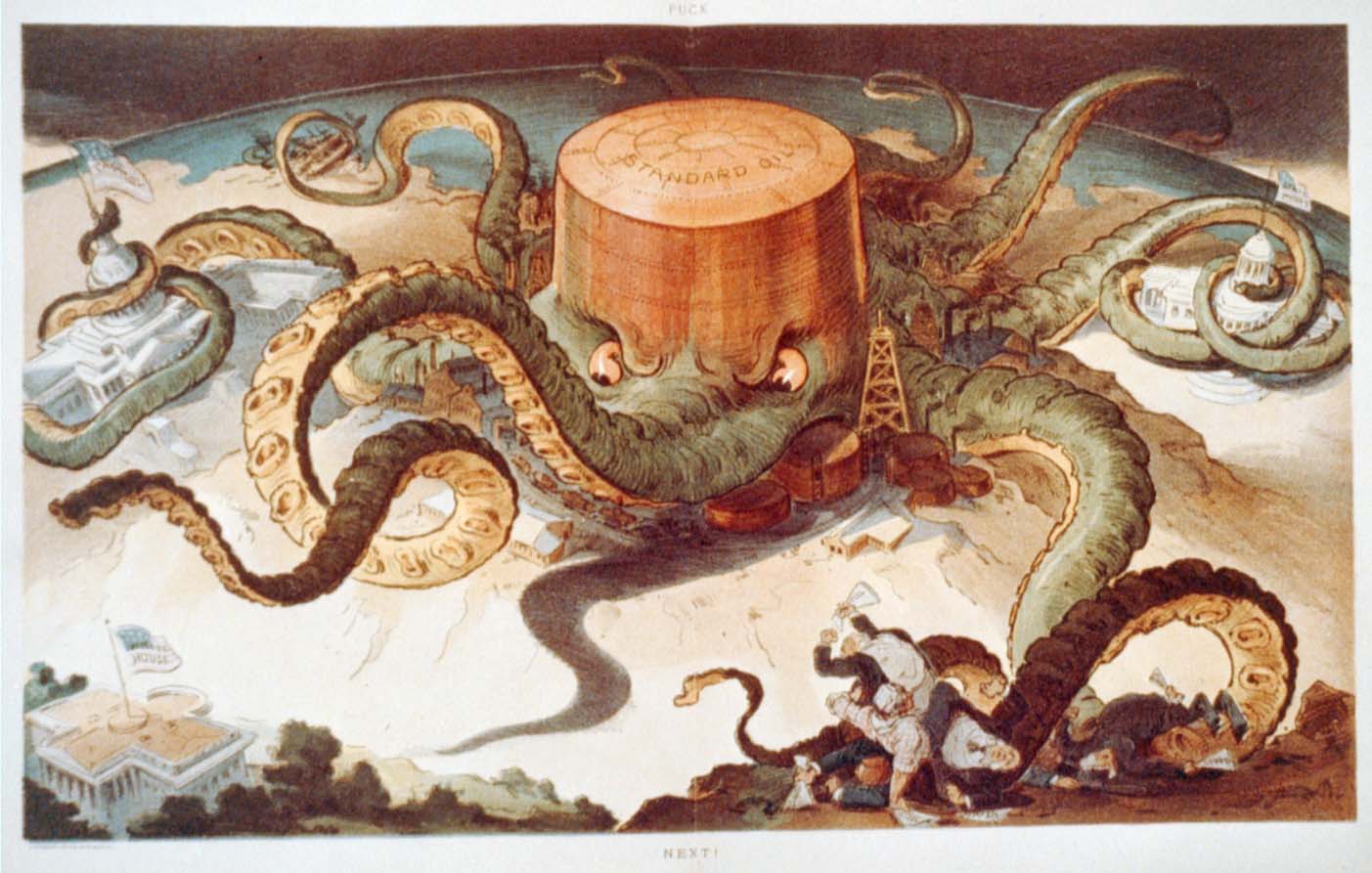 Udo Kepler illustration shows Illustration shows a "Standard Oil" storage tank as an octopus with many tentacles wrapped around the steel, copper, and shipping industries, as well as a state house, the U.S. Capitol, and one tentacle reaching for the White House.