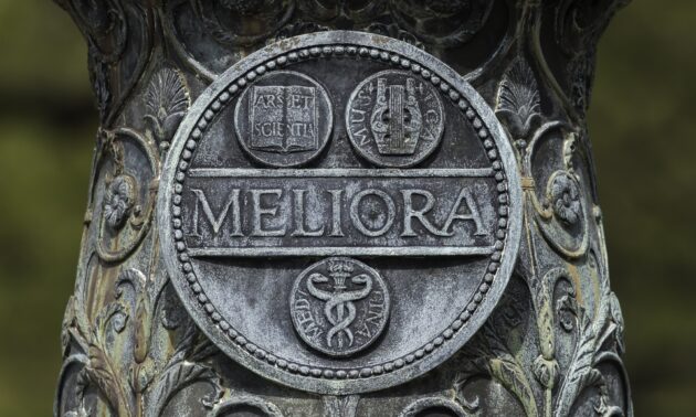 The Meliora seal on a flagpole.