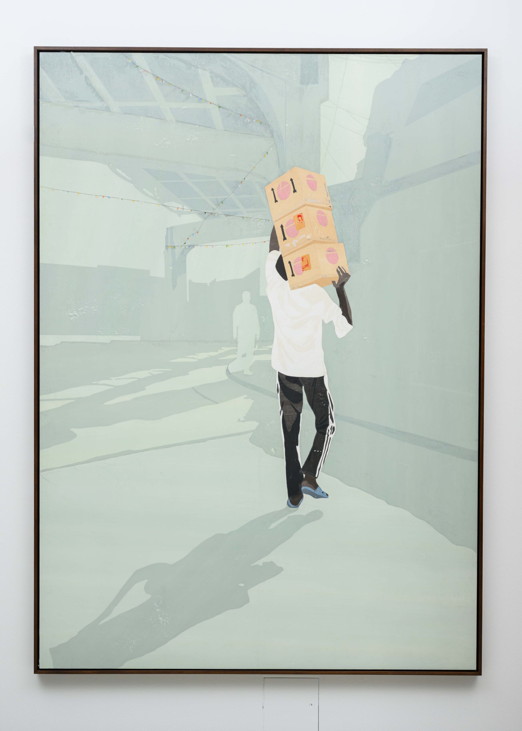 Hugo McCloud's "Blue Zone" depicts a figure carrying stacked cardboard boxes through a misty urban street scene, constructed from plastic bags.
