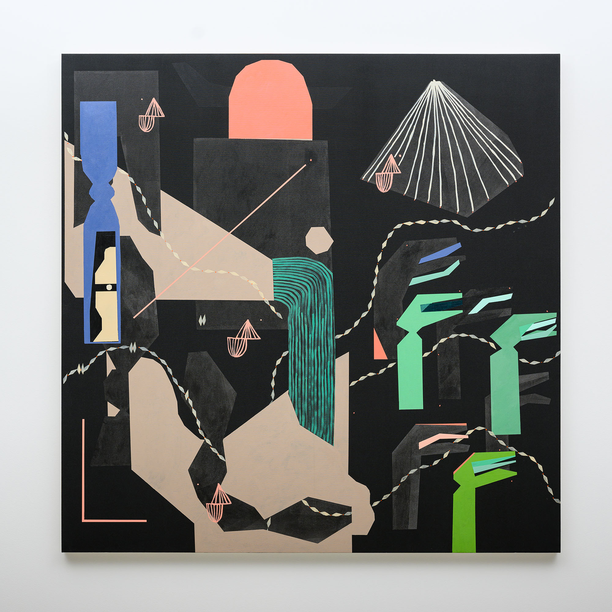 Caroline Kent's "Timely movements match hidden motivations" features abstract geometric shapes and patterns in green, blue, and coral on a black ground.