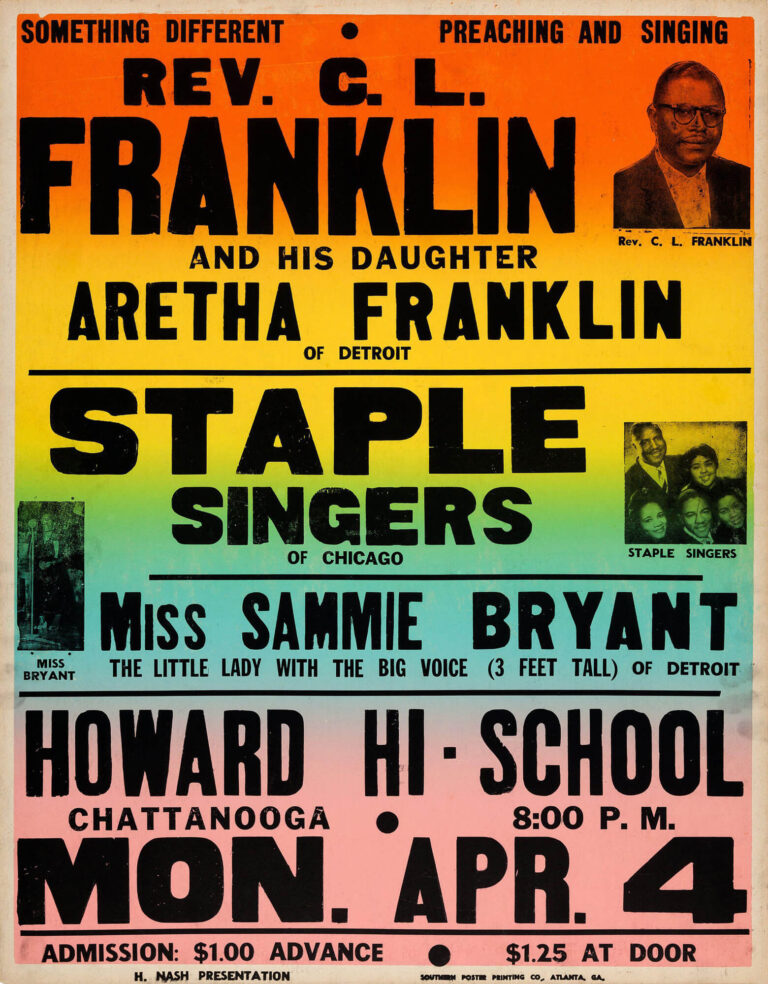 Poster for the revival of The Staple Singers featuring vibrant colors and iconic imagery of the group performing.