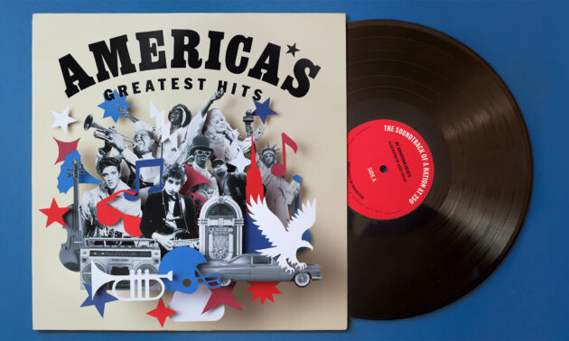 Patriotic-themed ‘America’s Greatest Hits’ vinyl album cover featuring collage-style images of famous American musicians, instruments, stars, an eagle, a jukebox, and a classic car in red, white, and blue tones beside a black record.