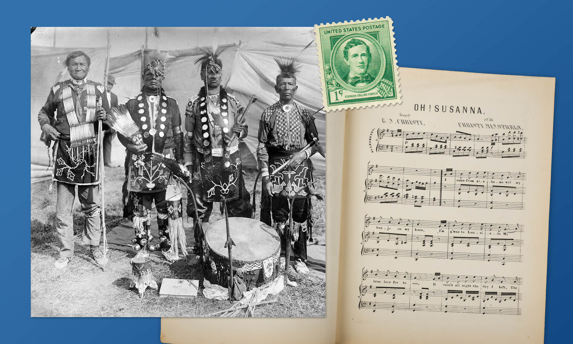 An old song book featuring an illustration of Native American men in traditional attire.
