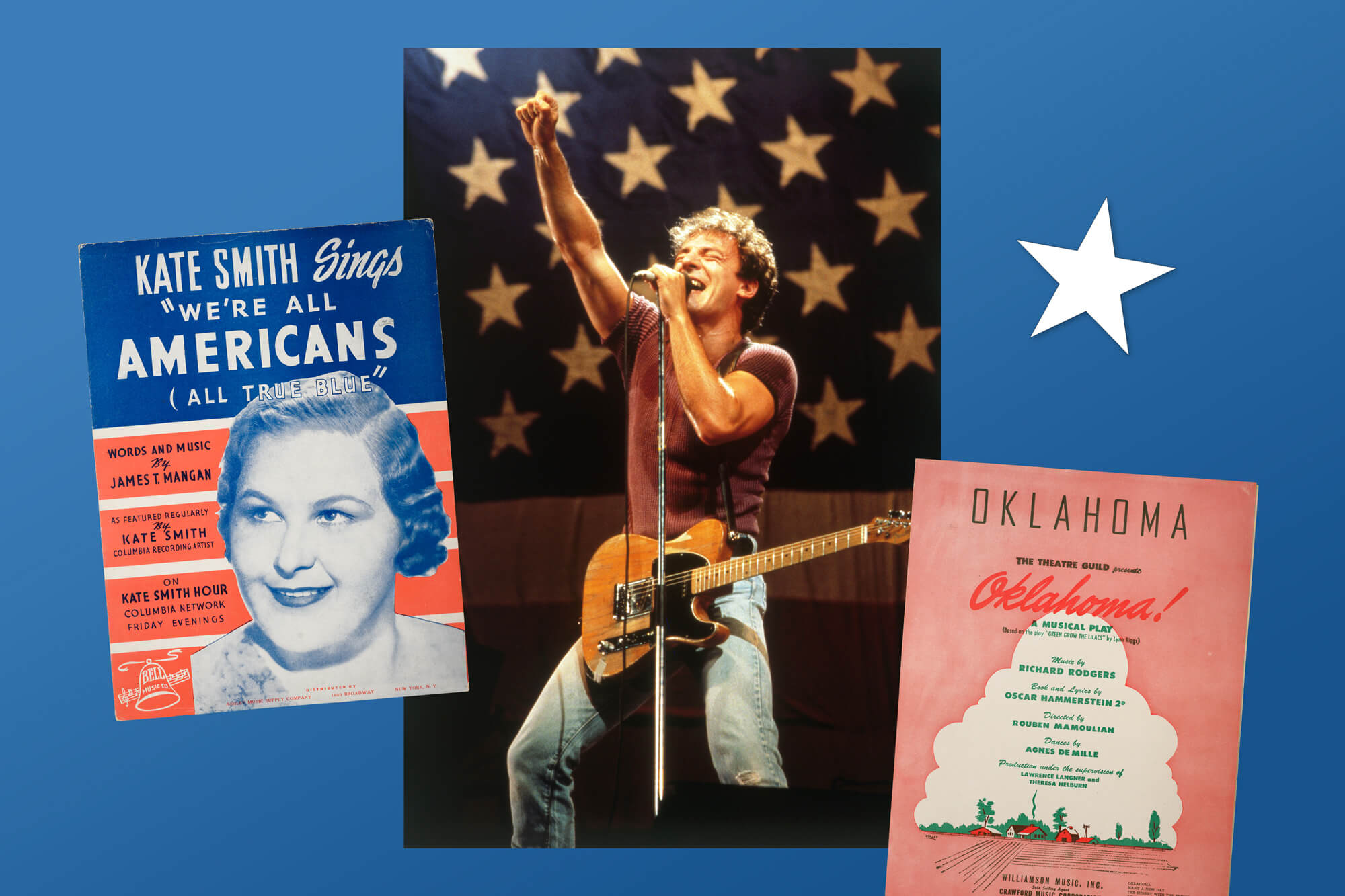 A collection of American music posters featuring various artists, including a prominent poster of a man playing guitar.