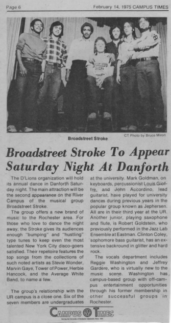 Page 6 of the February 14, 1975 Campus Times with a band photo and the headline "Broadstreet Stroke To Appear Saturday Night At Danforth."