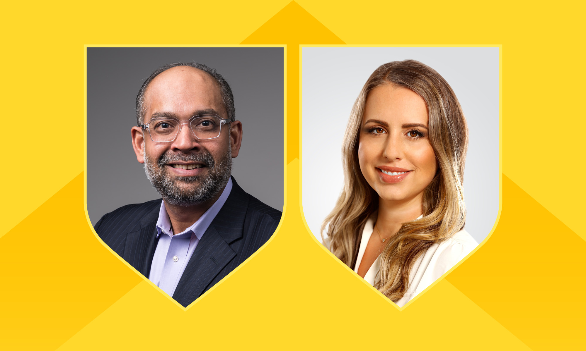 Portrait of Sid Bhattacharya and Michelle Hildreth within a shield outline against a yellow background with a darker yellow chevron on it.